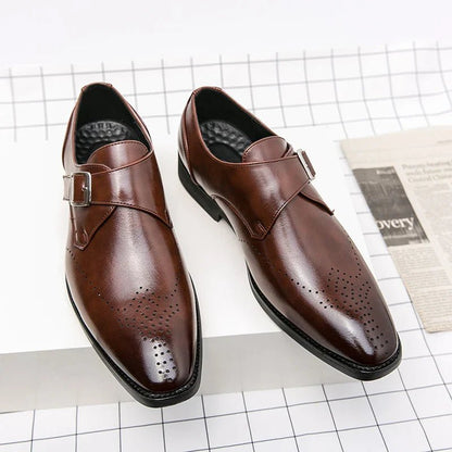 Men's Monk Strap Dress Shoes featuring a polished finish, cushioned insoles for comfort, and stylish perforated toe design, ideal for formal occasions. 7