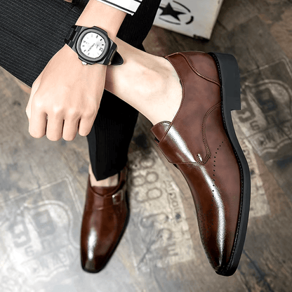 Men's Monk Strap Dress Shoes featuring a polished finish, cushioned insoles for comfort, and stylish perforated toe design, ideal for formal occasions. 4