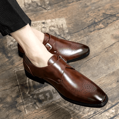 Men's Monk Strap Dress Shoes featuring a polished finish, cushioned insoles for comfort, and stylish perforated toe design, ideal for formal occasions. 2