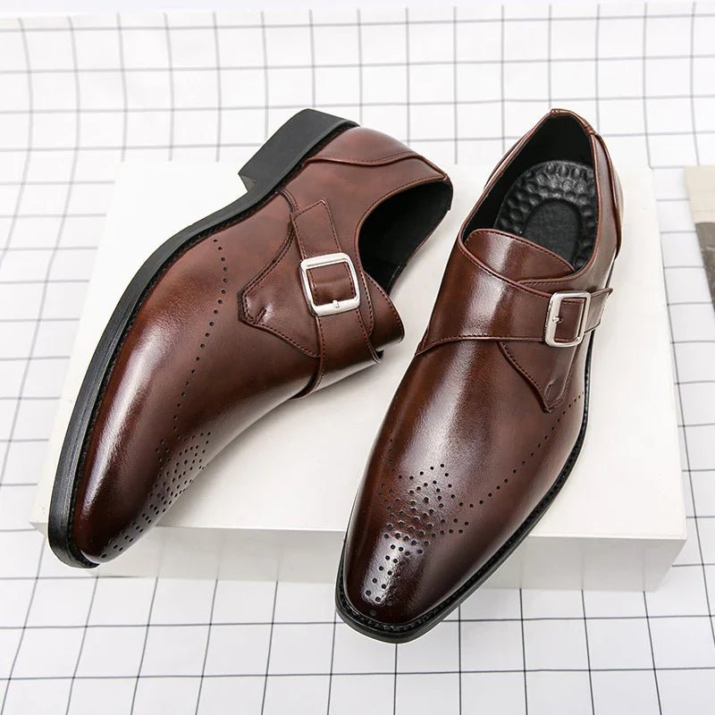 Men's Monk Strap Dress Shoes featuring a polished finish, cushioned insoles for comfort, and stylish perforated toe design, ideal for formal occasions. 0