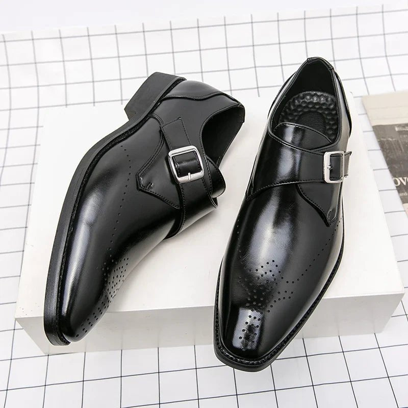 Men's Monk Strap Dress Shoes featuring a polished finish, cushioned insoles for comfort, and stylish perforated toe design, ideal for formal occasions. 1