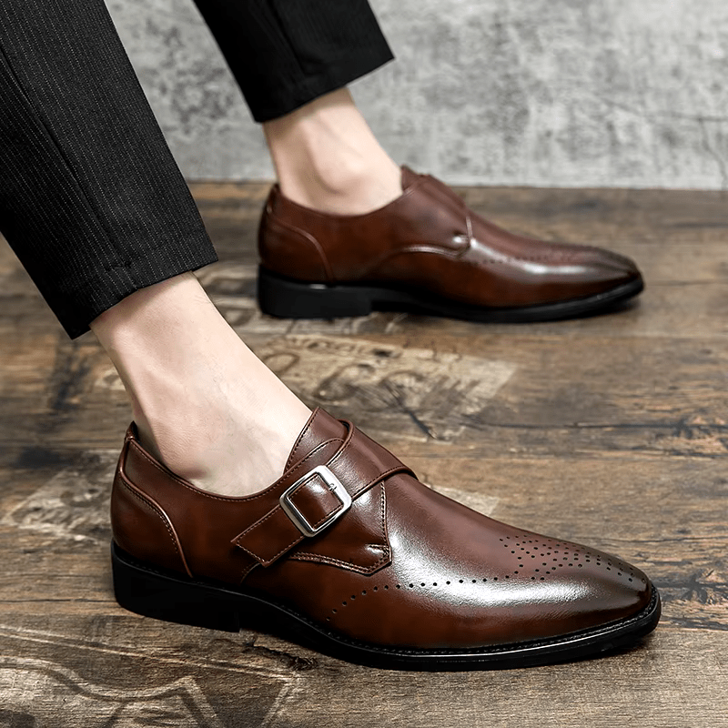 Men's Monk Strap Dress Shoes featuring a polished finish, cushioned insoles for comfort, and stylish perforated toe design, ideal for formal occasions. 8