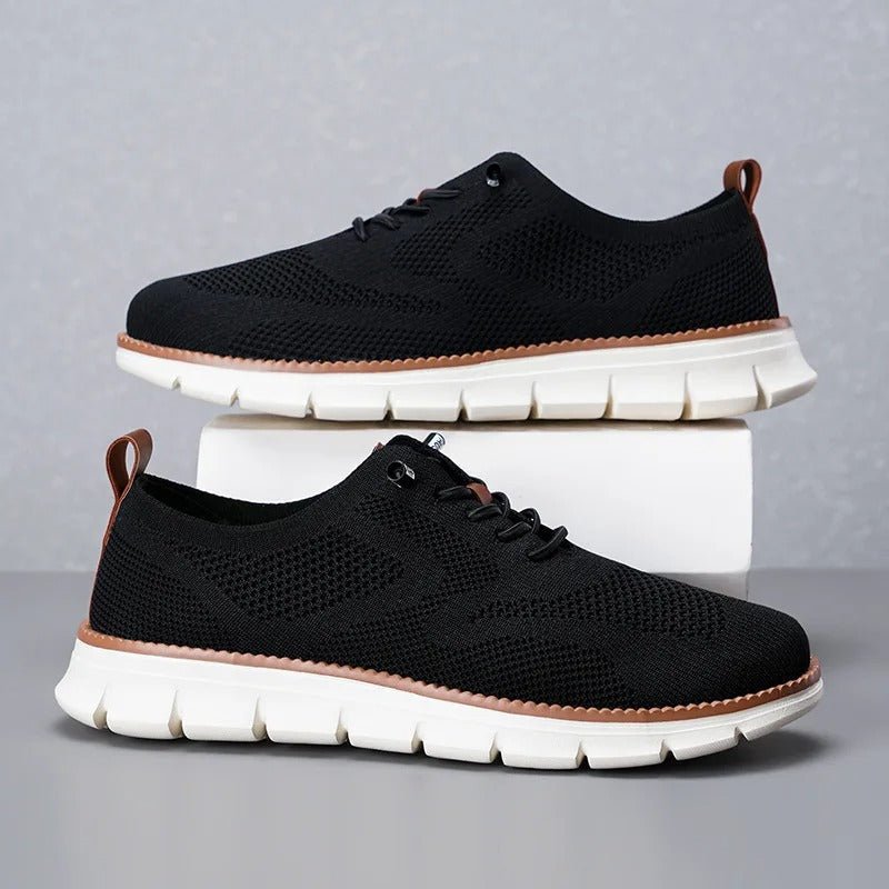 Men's orthopedic knit derby shoes featuring a shock-absorbing sole, designed for comfort and breathability in casual wear. 7