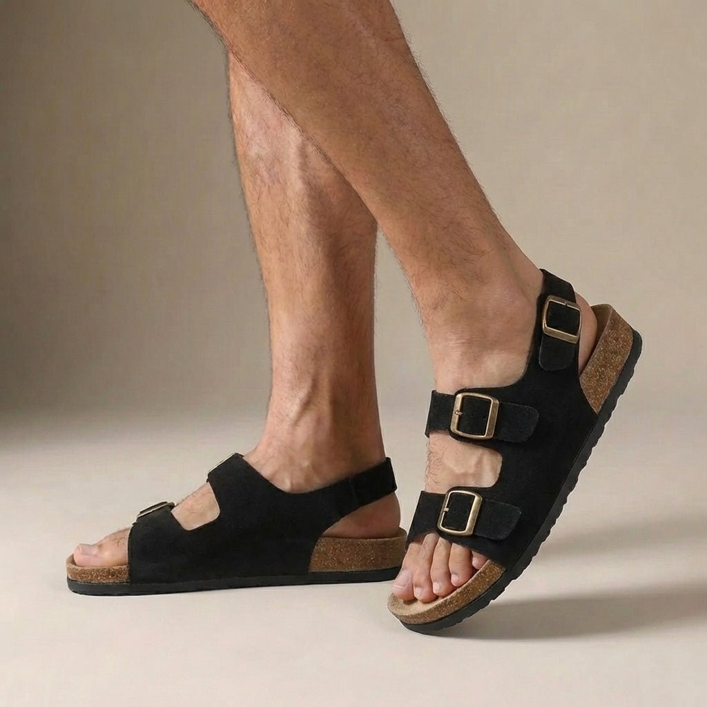 Men's orthopedic slingback sandals featuring an adjustable buckle and cork sole for enhanced comfort and support. 2