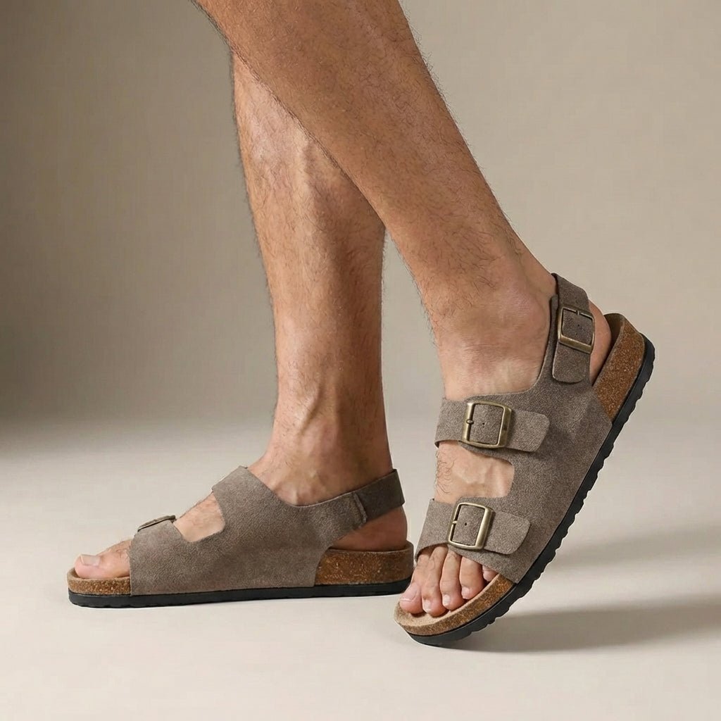 Men's orthopedic slingback sandals featuring an adjustable buckle and cork sole for enhanced comfort and support. 0