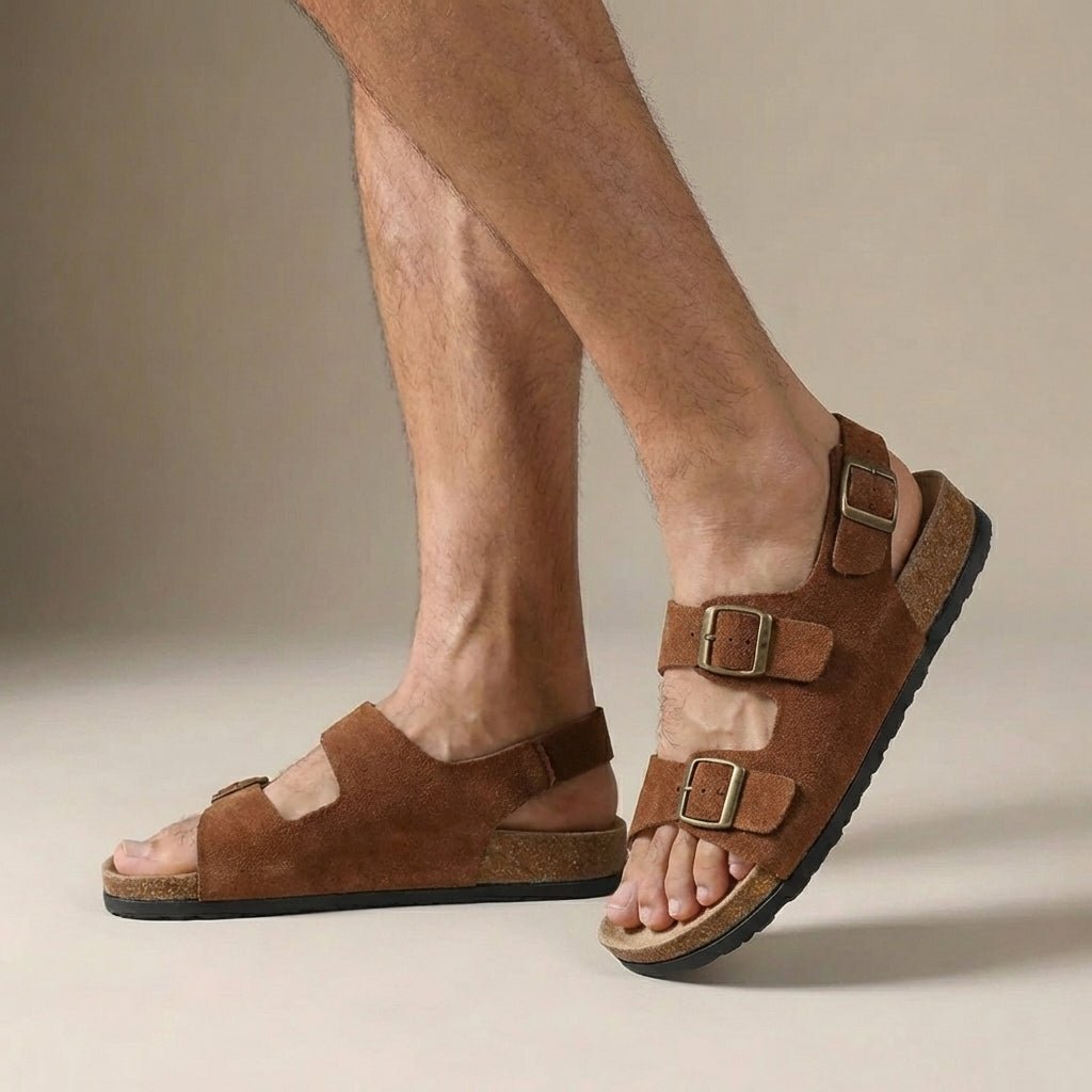 Men's orthopedic slingback sandals featuring an adjustable buckle and cork sole for enhanced comfort and support. 1