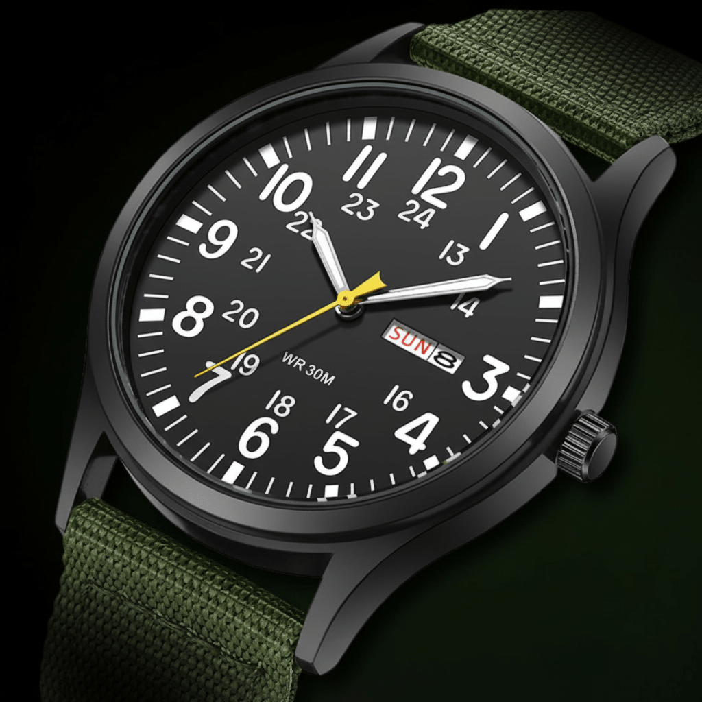 Men's outdoor watch featuring a durable stainless steel case, waterproof and scratch-resistant design, and a comfortable nylon strap, perfect for adventurous activities. 5