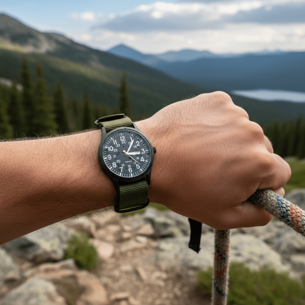 Men's outdoor watch featuring a durable stainless steel case, waterproof and scratch-resistant design, and a comfortable nylon strap, perfect for adventurous activities. 0