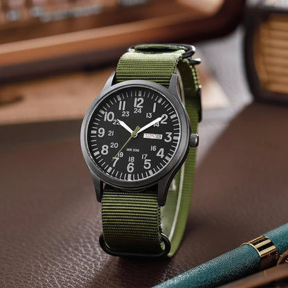 Men's outdoor watch featuring a durable stainless steel case, waterproof and scratch-resistant design, and a comfortable nylon strap, perfect for adventurous activities. 8