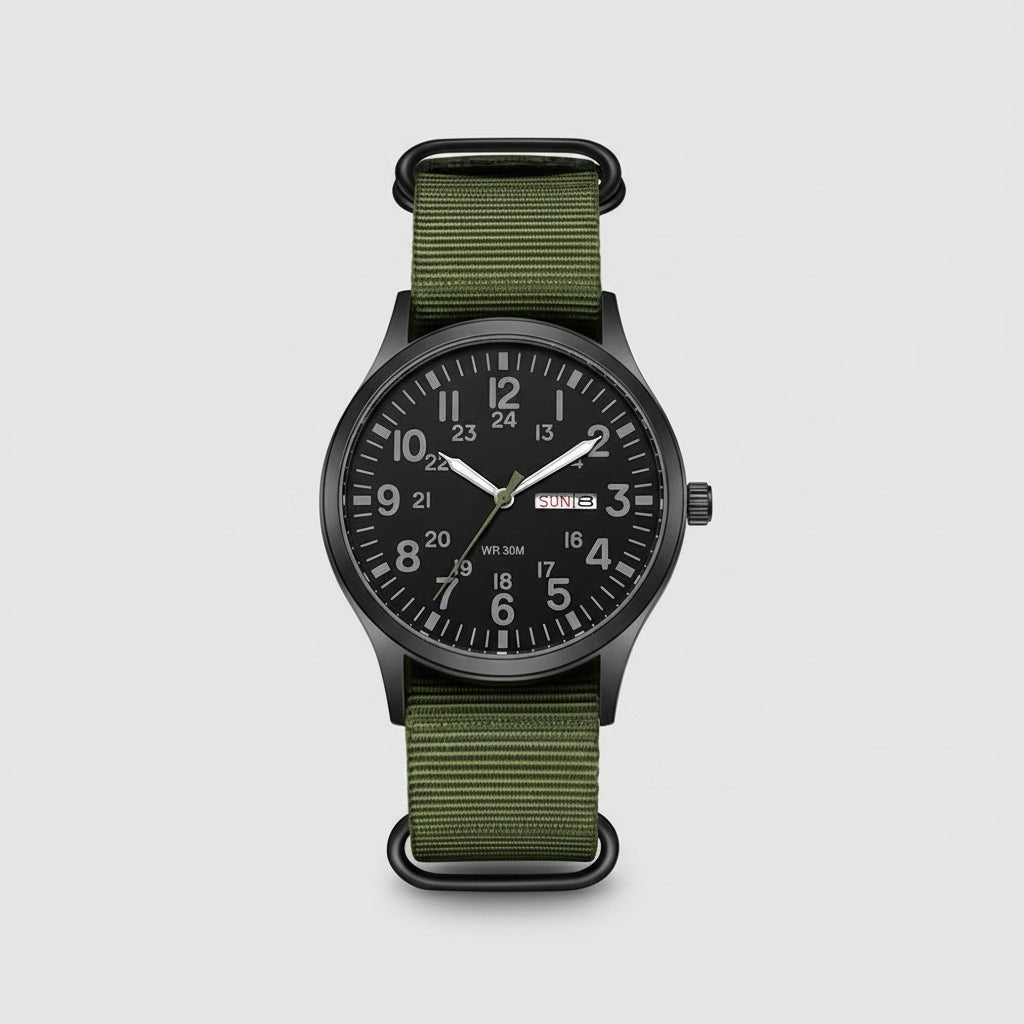Men's outdoor watch featuring a durable stainless steel case, waterproof and scratch-resistant design, and a comfortable nylon strap, perfect for adventurous activities. 1