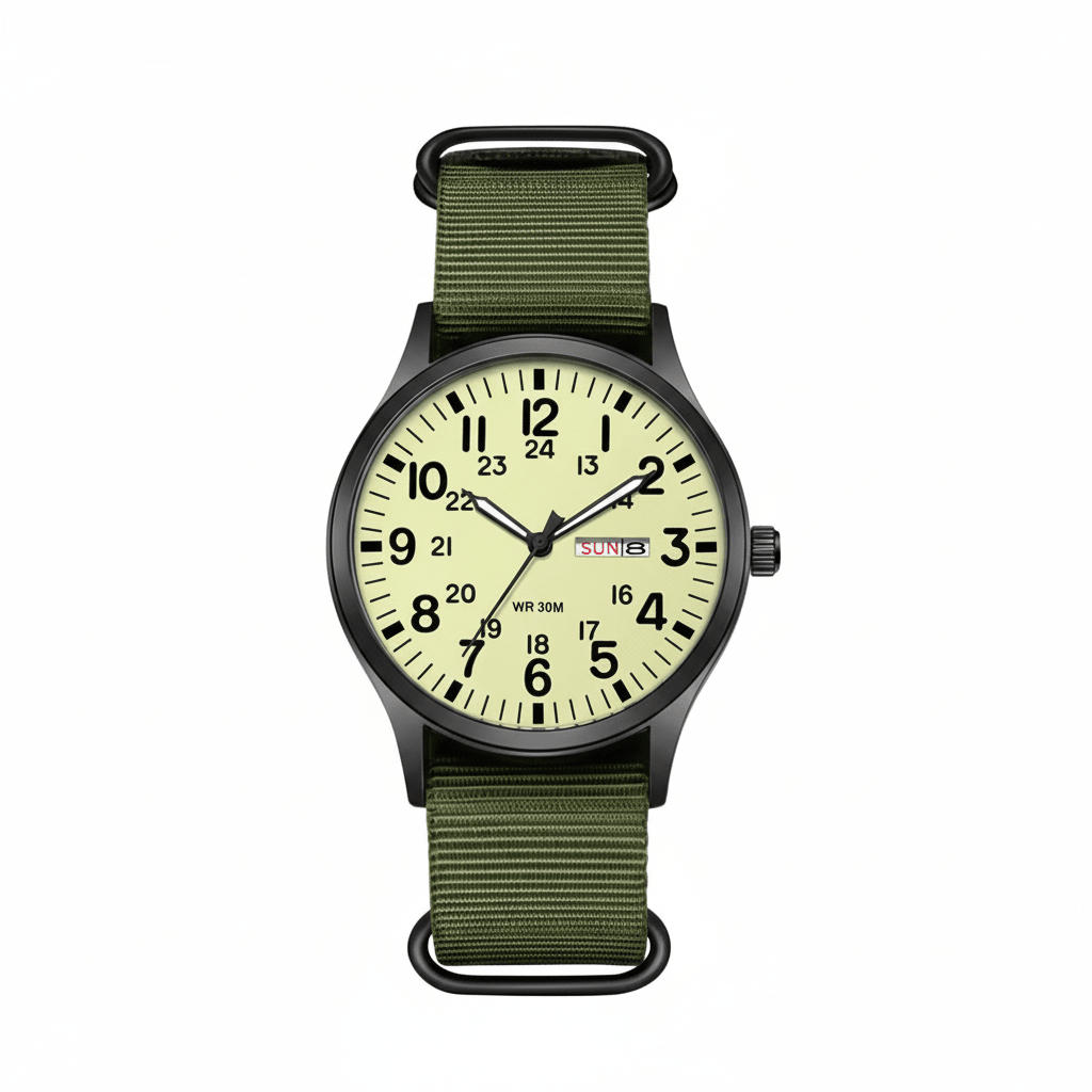Men's outdoor watch featuring a durable stainless steel case, waterproof and scratch-resistant design, and a comfortable nylon strap, perfect for adventurous activities. 9
