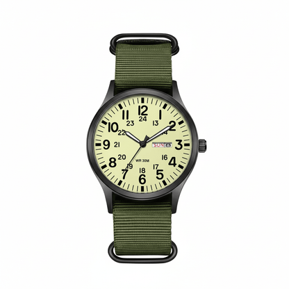 Men's outdoor watch featuring a durable stainless steel case, waterproof and scratch-resistant design, and a comfortable nylon strap, perfect for adventurous activities. 9