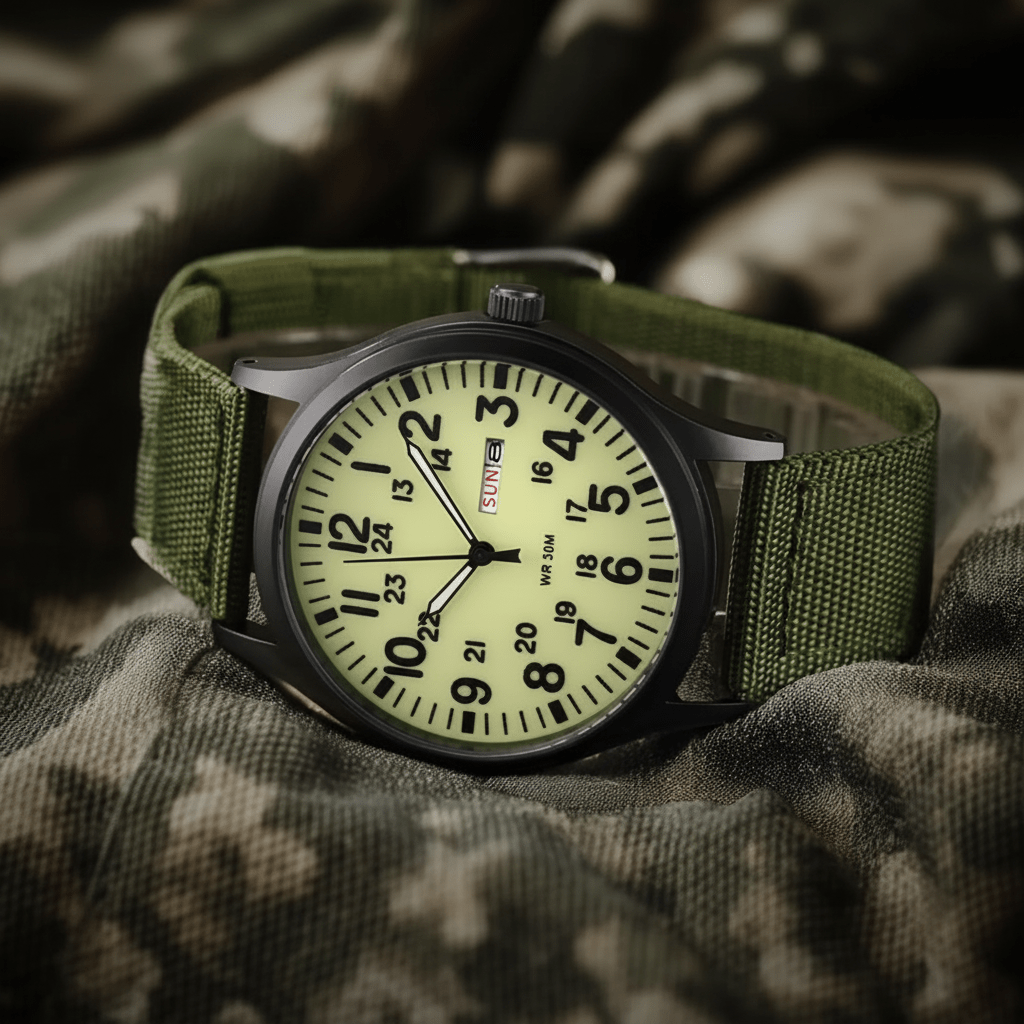 Men's outdoor watch featuring a durable stainless steel case, waterproof and scratch-resistant design, and a comfortable nylon strap, perfect for adventurous activities. 6