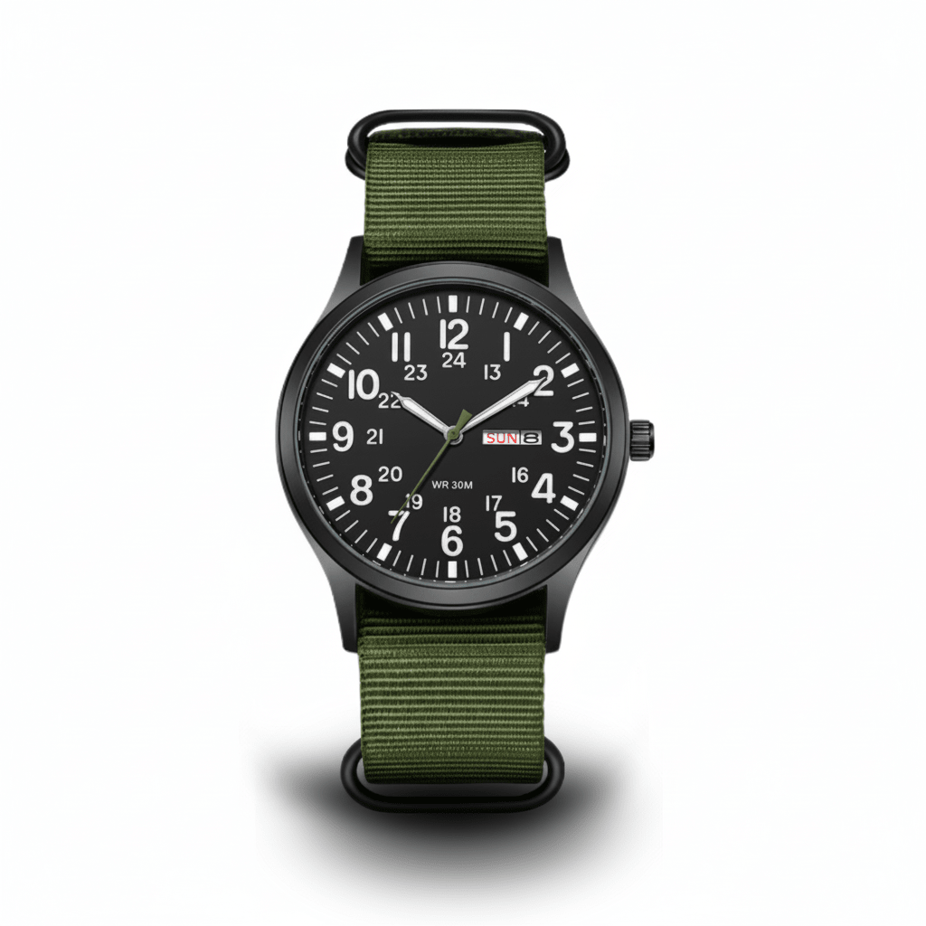 Men's outdoor watch featuring a durable stainless steel case, waterproof and scratch-resistant design, and a comfortable nylon strap, perfect for adventurous activities. 2