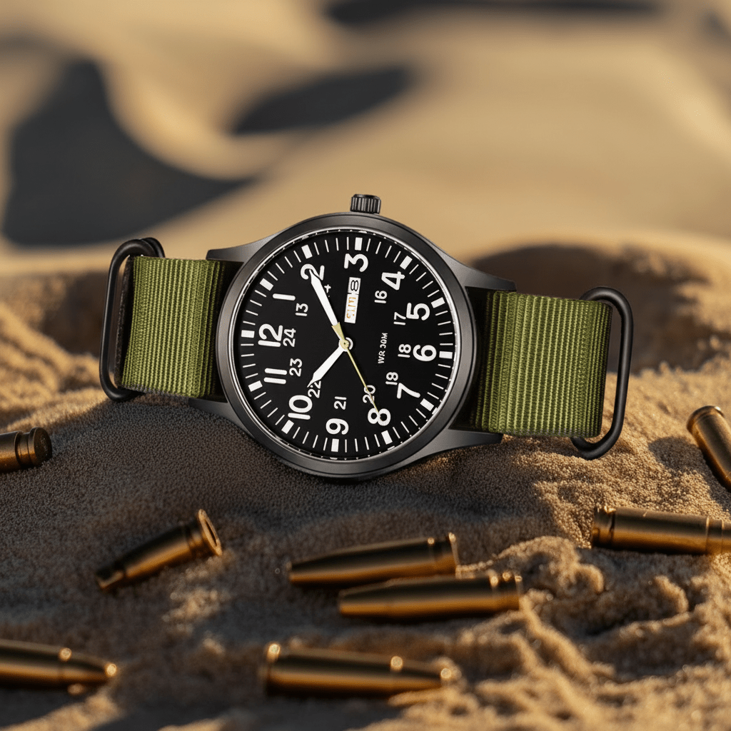 Men's outdoor watch featuring a durable stainless steel case, waterproof and scratch-resistant design, and a comfortable nylon strap, perfect for adventurous activities. 7