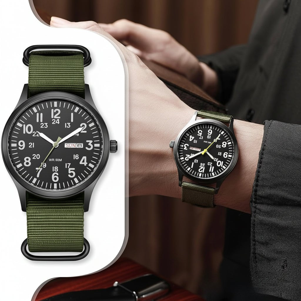 Men's outdoor watch featuring a durable stainless steel case, waterproof and scratch-resistant design, and a comfortable nylon strap, perfect for adventurous activities. 3