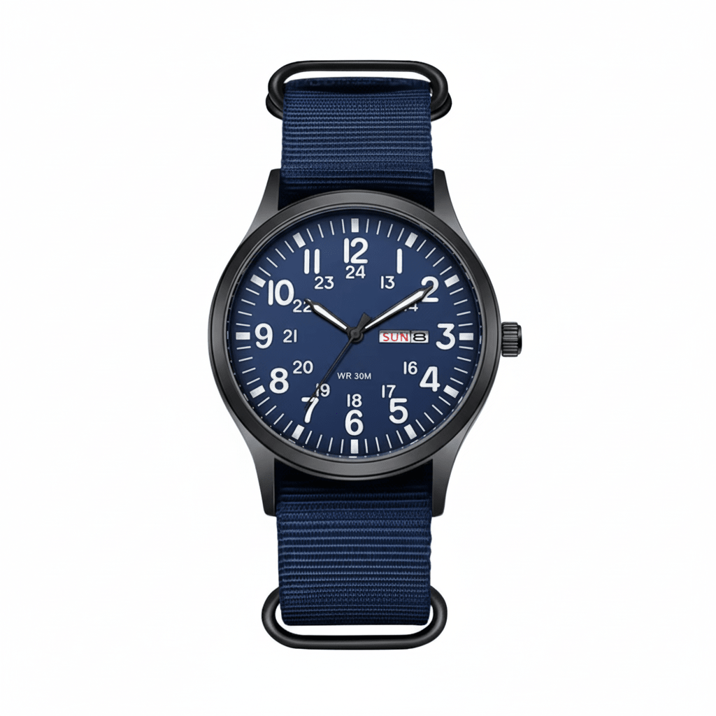 Men's outdoor watch featuring a durable stainless steel case, waterproof and scratch-resistant design, and a comfortable nylon strap, perfect for adventurous activities. 10