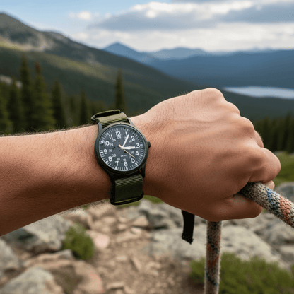 Men's outdoor watch featuring a durable stainless steel case and a comfortable nylon strap, designed to be waterproof and scratch-resistant for all your adventurous activities. 0