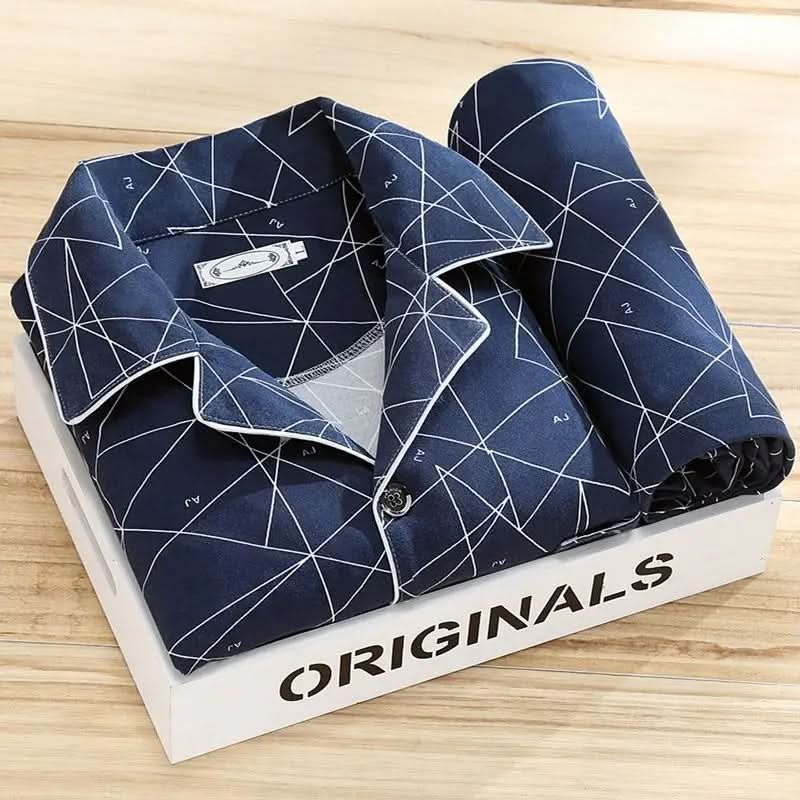 Men's pajama set featuring a button-down shirt and matching pants, designed for year-round comfort with soft, breathable fabric, ideal for restful sleep. 8