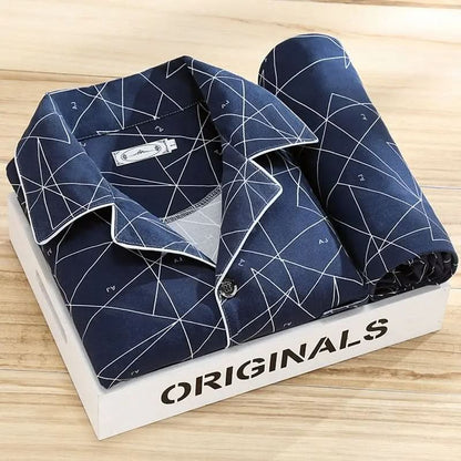 Men's pajama set featuring a button-down shirt and matching pants, designed for year-round comfort with soft, breathable fabric, ideal for restful sleep. 8