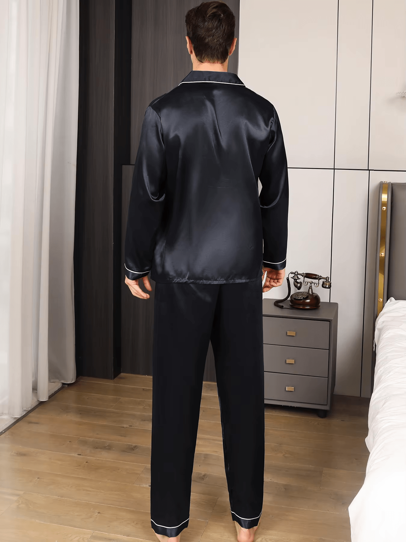 Men's Pajama Set featuring long sleeves and pants, made from silky soft breathable satin, perfect for comfortable nightwear. 2