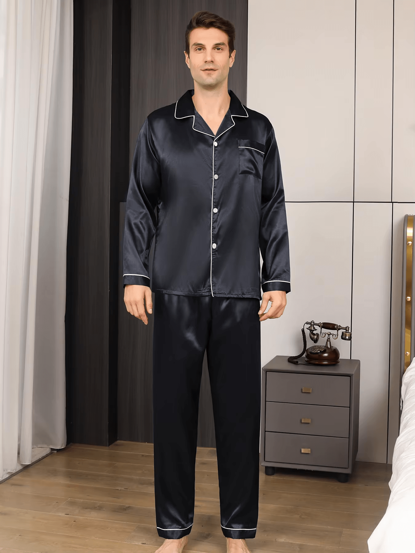 Men's Pajama Set featuring long sleeves and pants, made from silky soft breathable satin, perfect for comfortable nightwear. 1