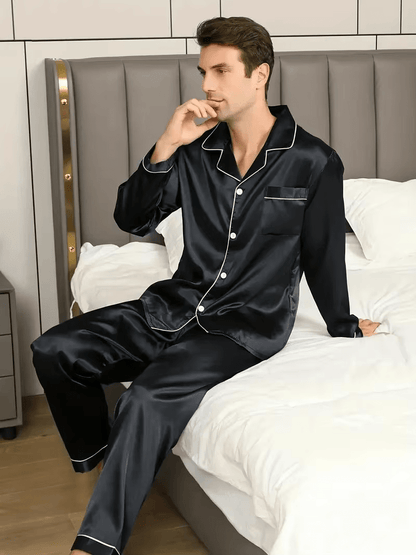 Men's Pajama Set featuring long sleeves and pants, made from silky soft breathable satin, perfect for comfortable nightwear. 4