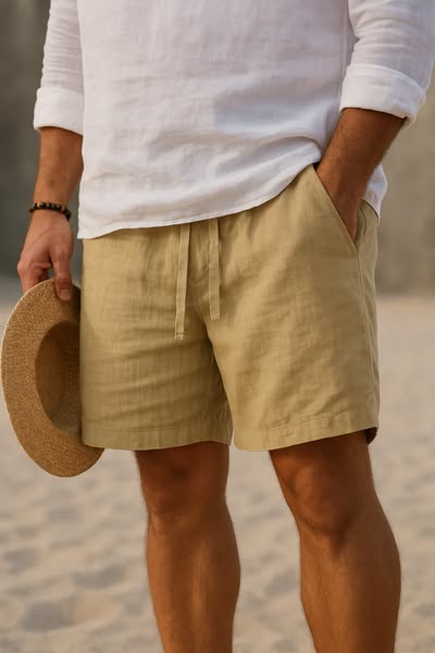 Men's shorts made from a breathable cotton-linen blend, featuring a relaxed fit ideal for summer comfort and casual outings. 1