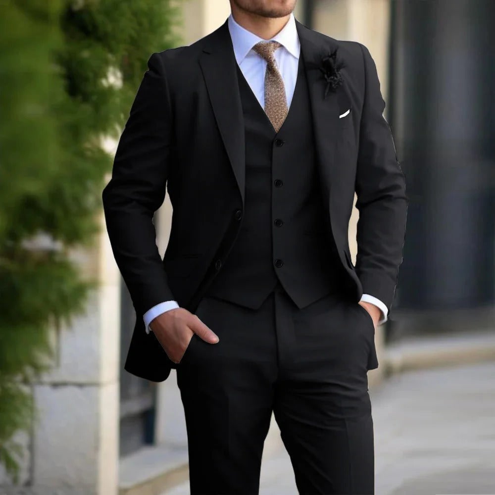 Men's slim fit three-piece suit in navy blue, featuring a tailored jacket, vest, and trousers, perfect for business and formal events, showcasing a 2
