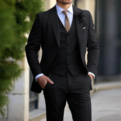 Men's slim fit three-piece suit in navy blue, featuring a tailored jacket, vest, and trousers, perfect for business and formal events, showcasing a 2
