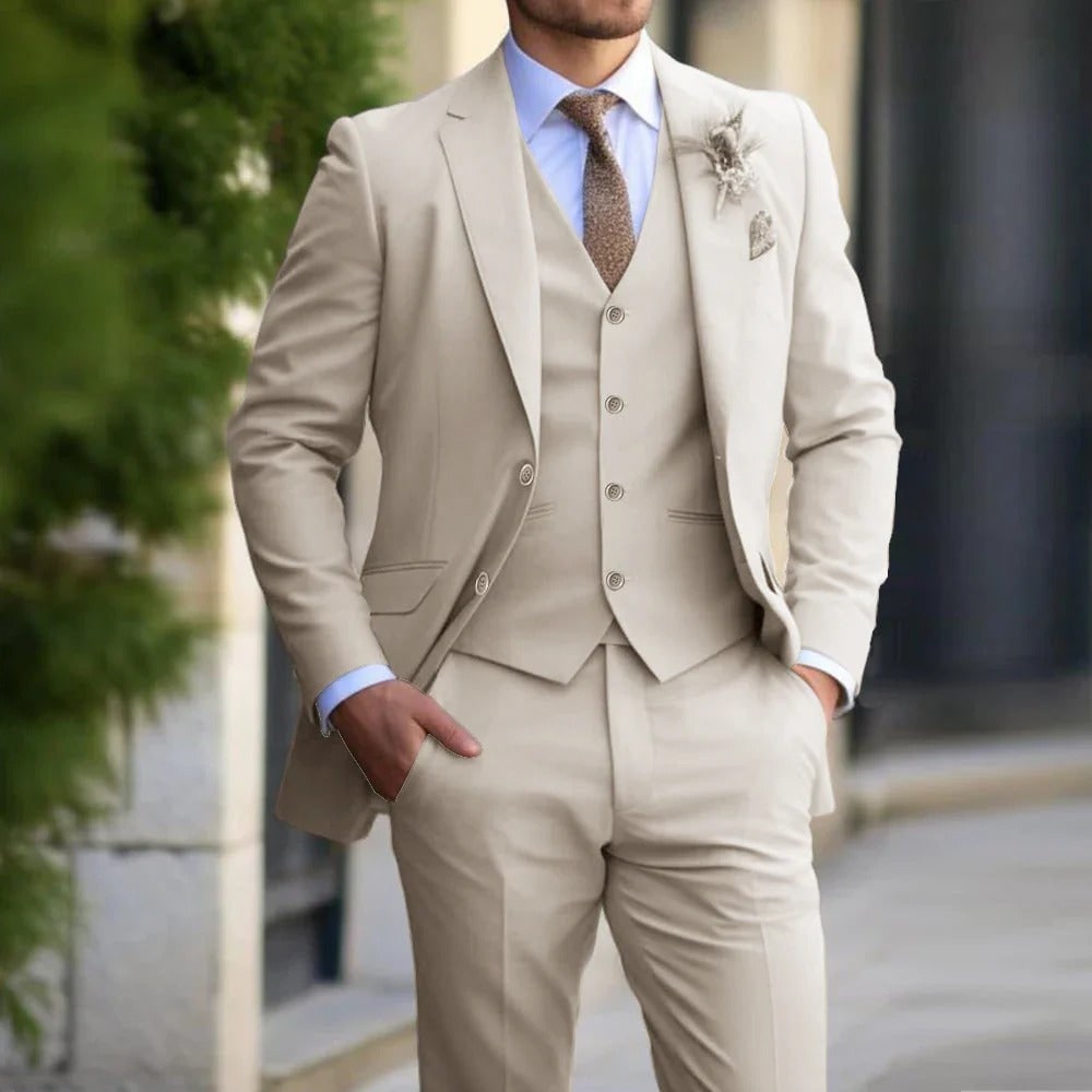 Men's slim fit three-piece suit in navy blue, featuring a tailored jacket, vest, and trousers, perfect for business and formal events, showcasing a 0