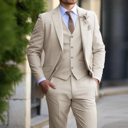 Men's slim fit three-piece suit in navy blue, featuring a tailored jacket, vest, and trousers, perfect for business and formal events, showcasing a 0