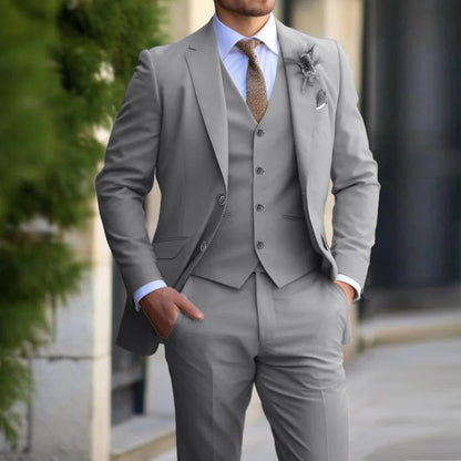 Men's slim fit three-piece suit in navy blue, featuring a tailored jacket, vest, and trousers, perfect for business and formal events, showcasing a 1