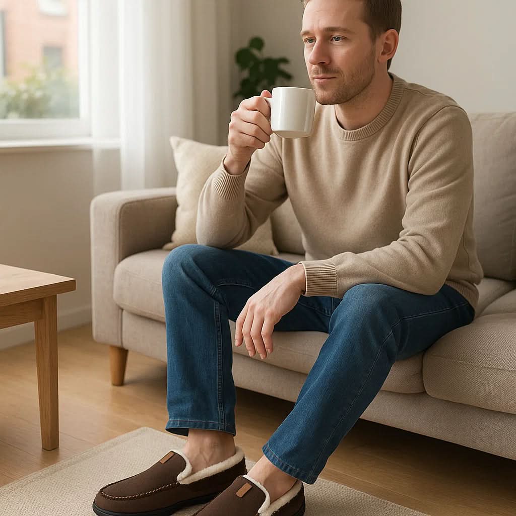Men's slippers featuring a classic loafer design made with warm synthetic wool, perfect for winter comfort and relaxation. 1