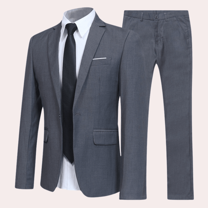 Men's black modern cut two-piece suit set, perfect for formal business events, featuring a tailored fit and elegant design. 1