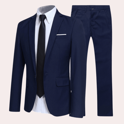Men's black modern cut two-piece suit set, perfect for formal business events, featuring a tailored fit and elegant design. 2