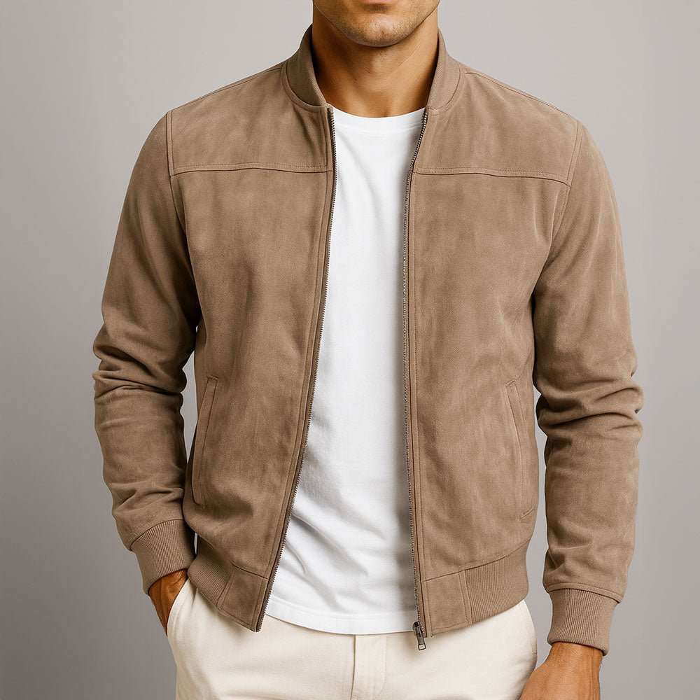 Men's summer jacket featuring a suede look finish, lightweight design, and modern fit, crafted from durable polyester for a stylish and comfortable wear. 0