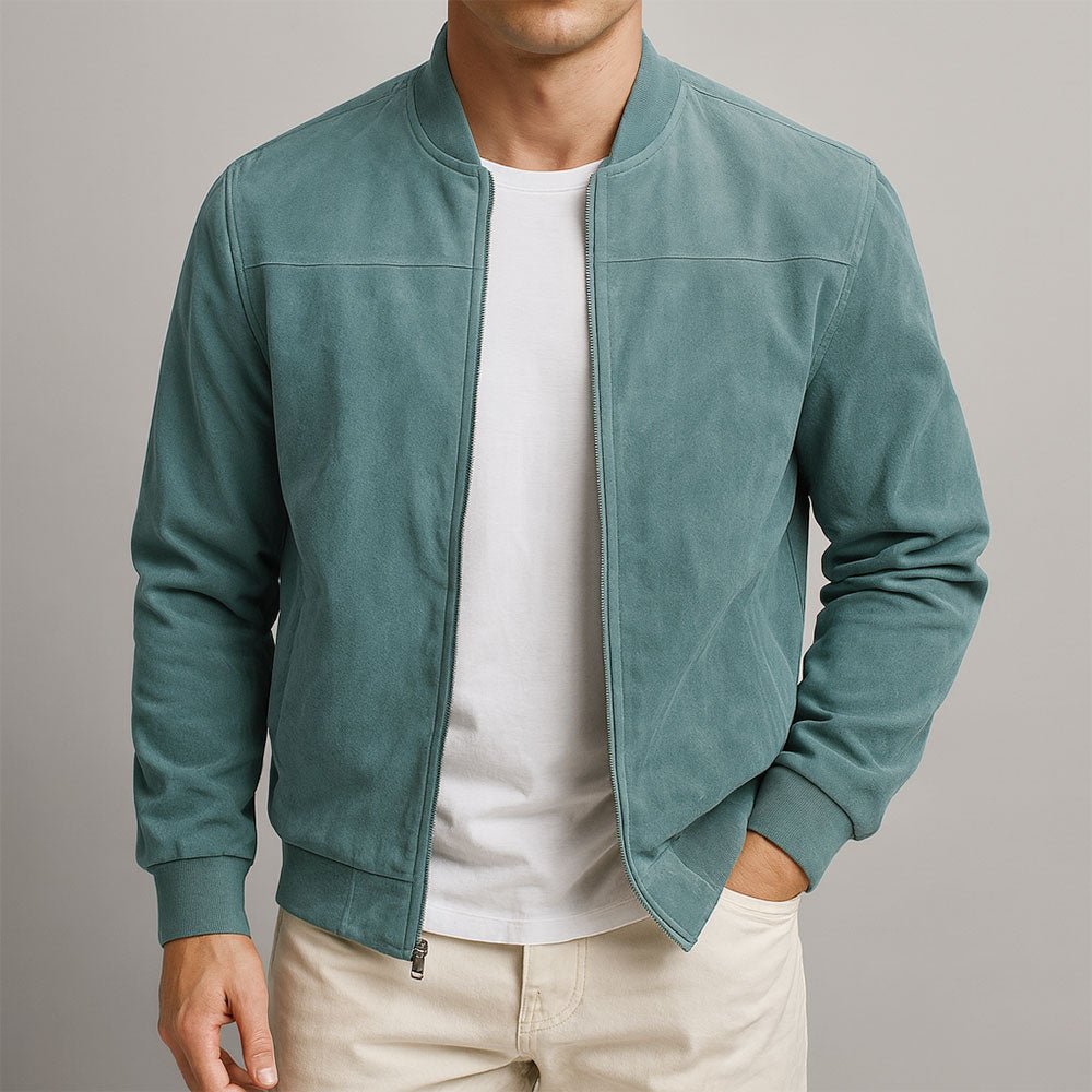 Men's summer jacket featuring a suede look finish, lightweight design, and modern fit, crafted from durable polyester for a stylish and comfortable wear. 2