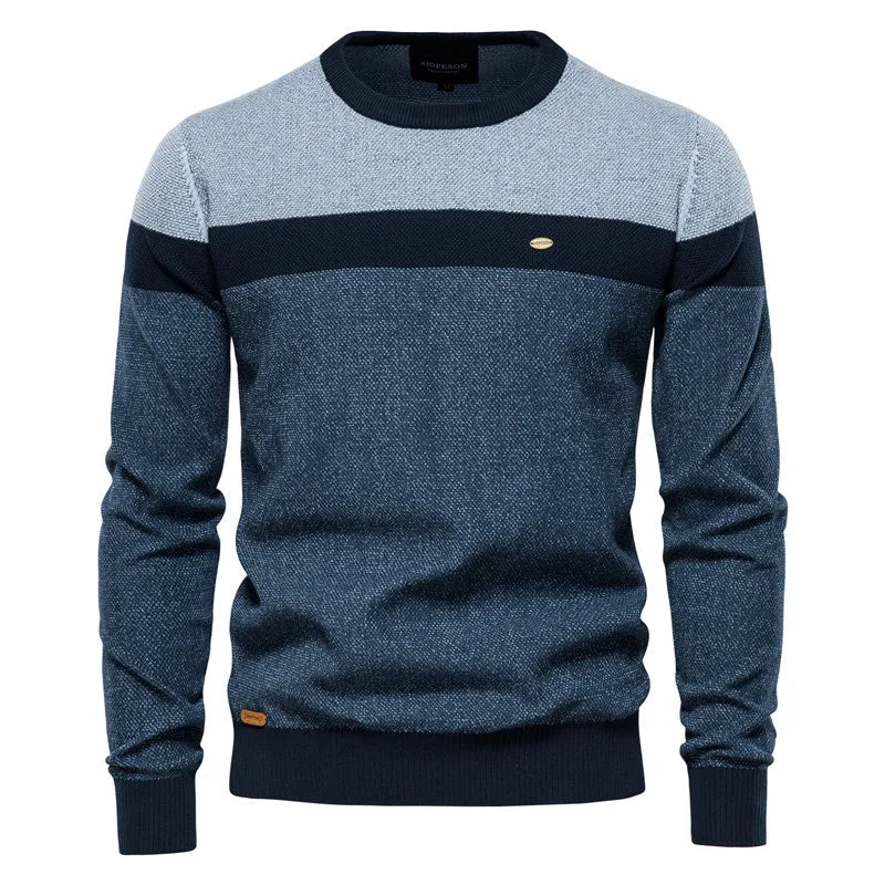 Men's blue sweater made from soft-knit fabric, featuring a classic elegant design for comfortable warmth and style. 0