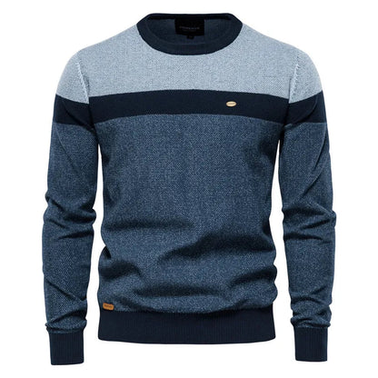 Men's blue sweater made from soft-knit fabric, featuring a classic elegant design for comfortable warmth and style. 0