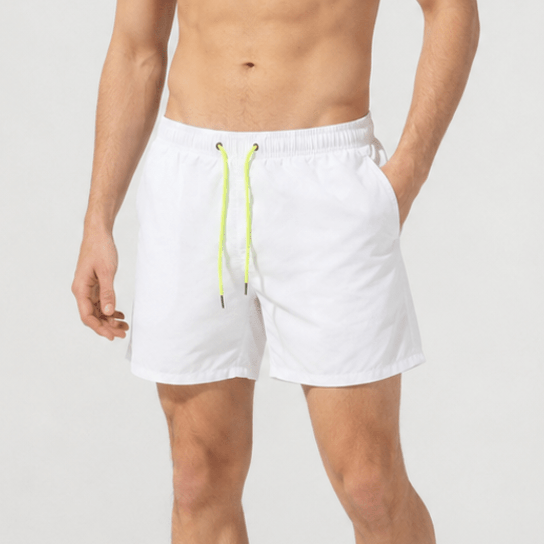 Men's swim shorts featuring quick-drying fabric, adjustable waistband, and athletic fit, designed for comfort and style above the knee. 12