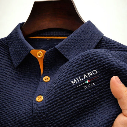 Men's textured polo shirt featuring a Milano button placket, designed for a classic fit and stylish comfort. 3