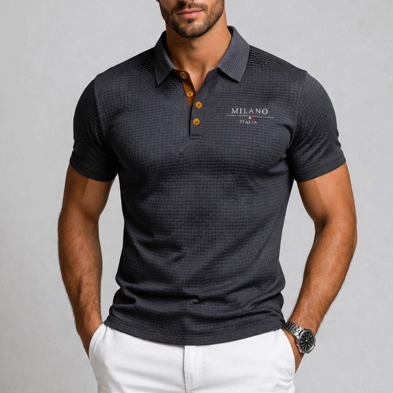 Men's textured polo shirt featuring a Milano button placket, designed for a classic fit and stylish comfort. 6