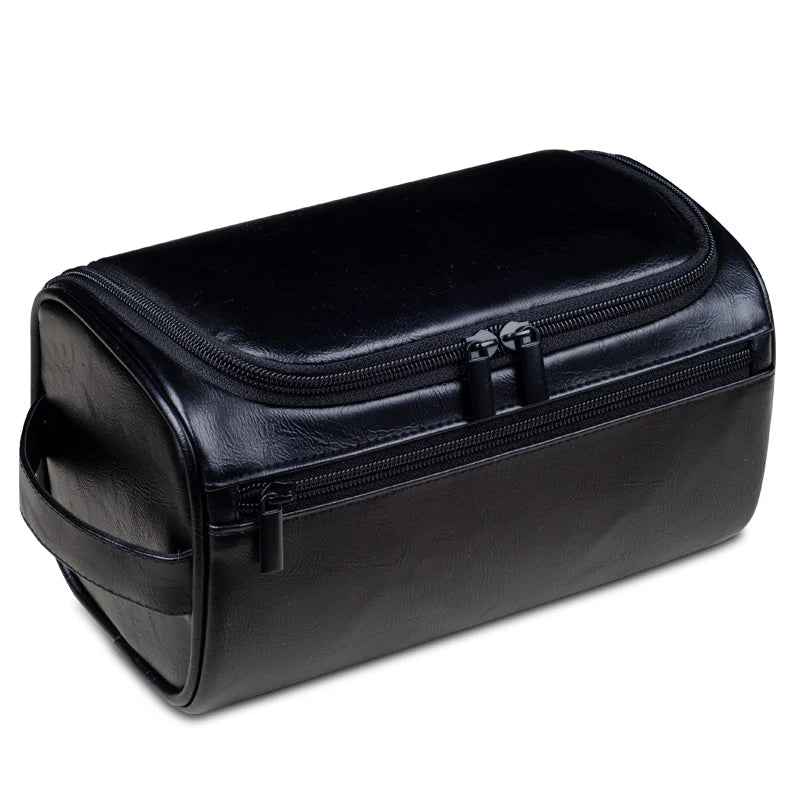 Men's travel makeup bag made of waterproof PU leather, featuring functional storage compartments, measuring 25 x 13 x 13 cm, ideal for organizing 4