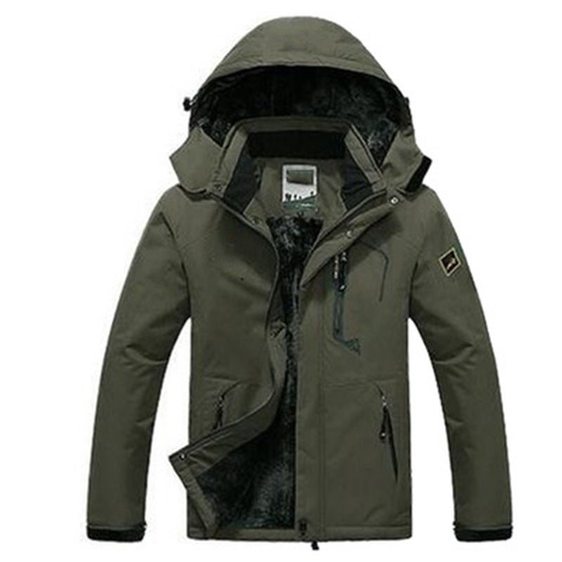 Men's waterproof parka featuring a cozy fleece lining and a detachable hood, designed for warmth and comfort during outdoor activities in winter. 6