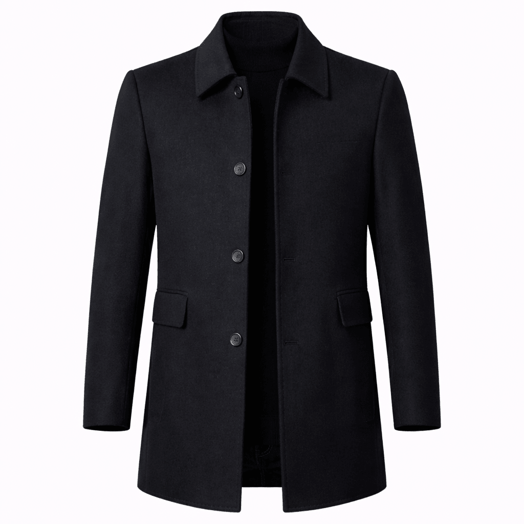 Men's tailored fit wool overcoat in classic mid-length design, perfect for formal and smart casual occasions, featuring a sophisticated look and premium material. 1