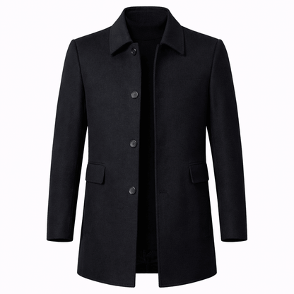 Men's tailored fit wool overcoat in classic mid-length design, perfect for formal and smart casual occasions, featuring a sophisticated look and premium material. 1