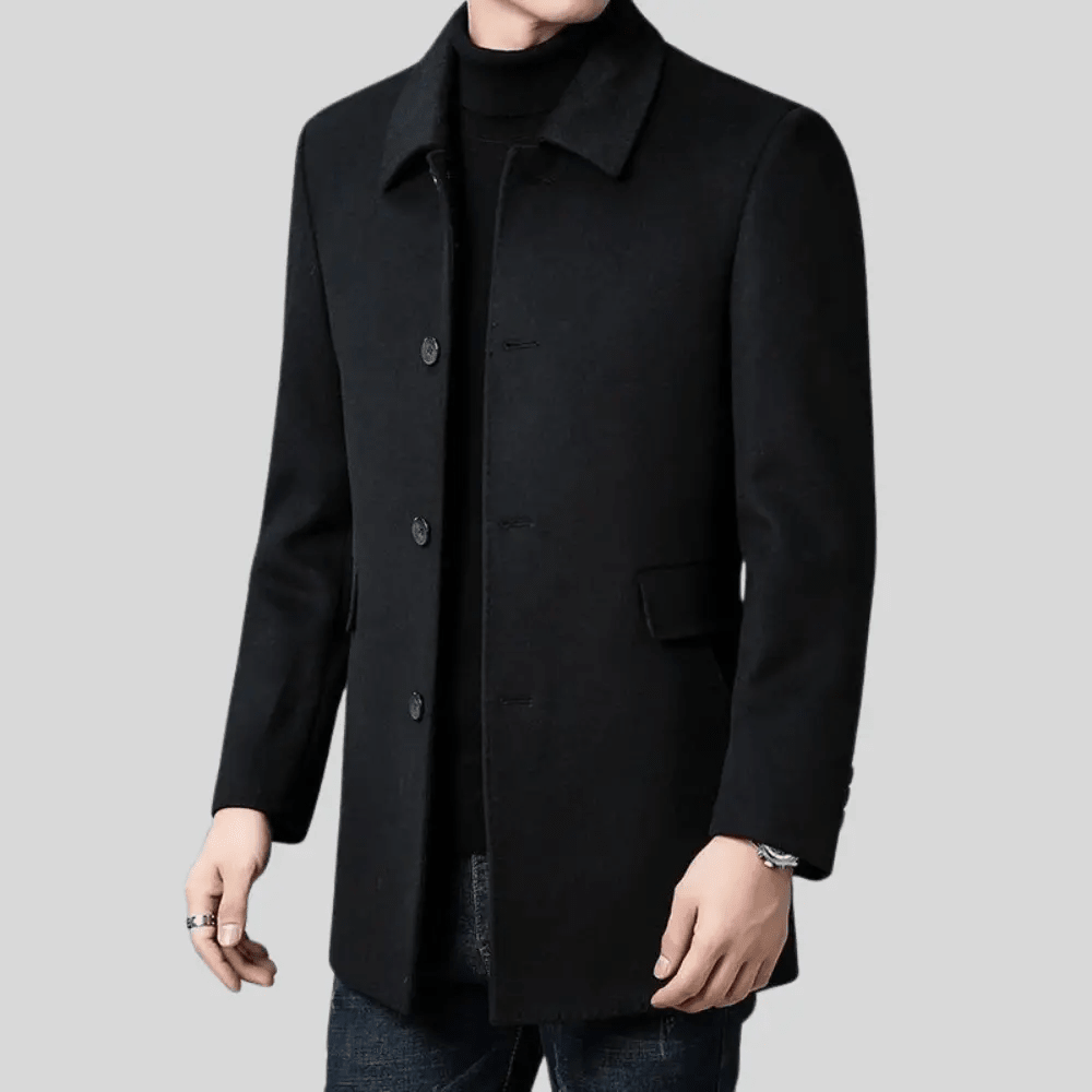 Men's tailored fit wool overcoat in classic mid-length design, perfect for formal and smart casual occasions, featuring a sophisticated look and premium material. 4