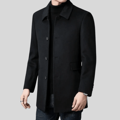 Men's tailored fit wool overcoat in classic mid-length design, perfect for formal and smart casual occasions, featuring a sophisticated look and premium material. 4