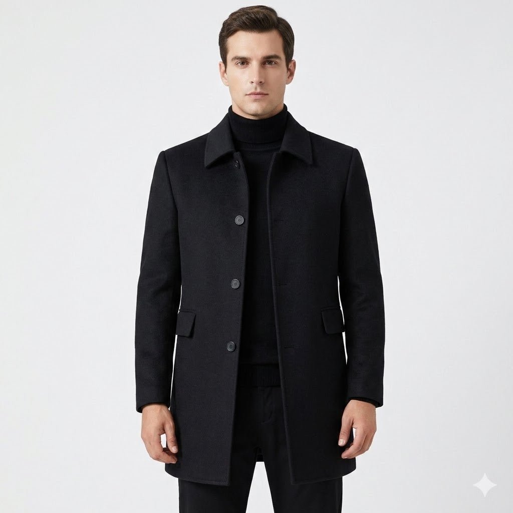 Men's tailored fit wool overcoat in classic mid-length design, perfect for formal and smart casual occasions, featuring a sophisticated look and premium material. 0